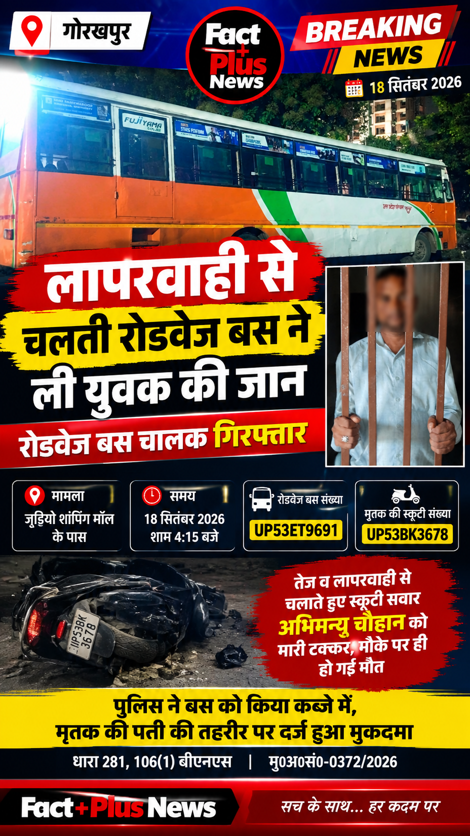 गोरखपुर: सड़क हादसे में स्कूटी सवार की मौत, रोडवेज बस चालक गिरफ्तार